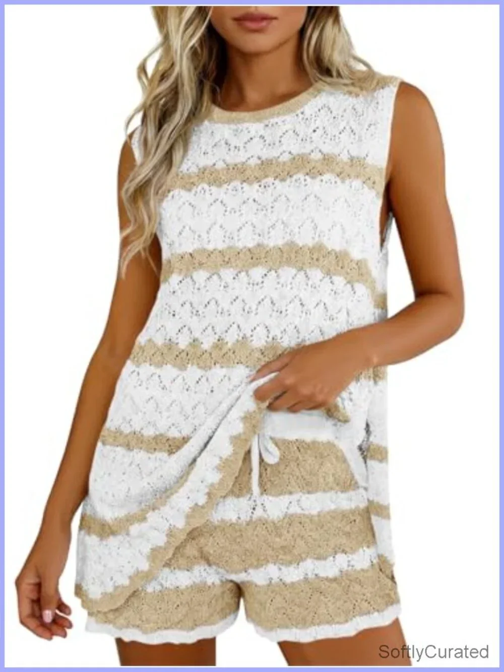 Crochet Swimsuit Coverup Set - Sleeveless Tank Top & Drawstring Shorts - Beach